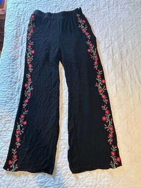 Black Wide-Leg Pants with Red Floral Embroidery